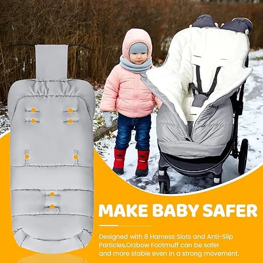 Orzbow Universal Footmuff for Stroller, Winter Warm Baby Stroller Bunting Bag, Waterproof Windproof Warm Coral Fleece Lined for Toddler Stroller Sleeping Bag, Light Grey