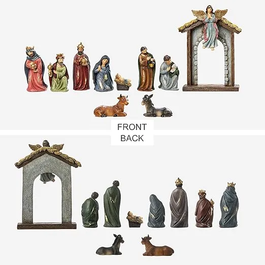 Glitzhome Christmas Nativity Set Nativity Scene Set Indoor 8" Resin Nativity Figurines Set 11 Pcs Removable Angel Statue Colorful Nativity Sets & Figures Christian Holy Family Figure with Baby Jesus