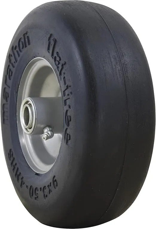 Marathon 9x3.50-4" Flat Free Lawnmower Tire on Wheel, 4" Centered Hub, 3/4" Bushings