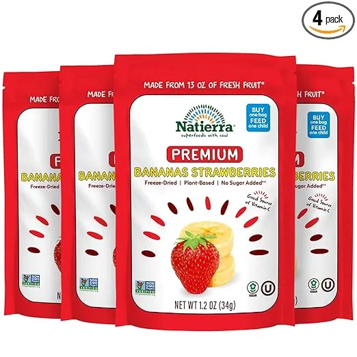 NATIERRA Premium Freeze-Dried Bananas and Strawberries | Non-GMO & Vegan | 1.2 Ounce (Pack of 4)
