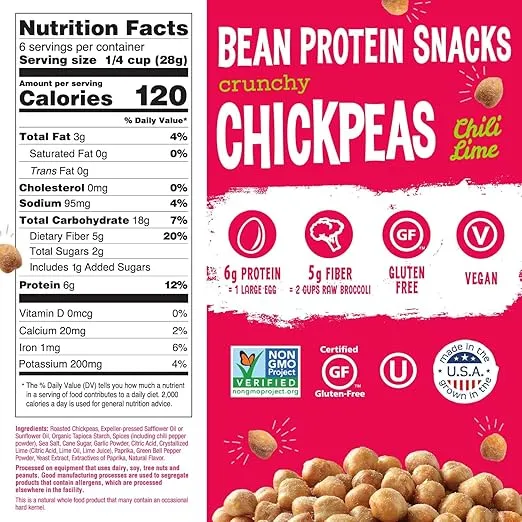 The Good Bean Crunchy Chickpeas - Chili Lime - Resealable Bag - Roasted Chickpea Beans - Vegan Snack with Good Source of Plant Protein and Fiber, 6 Oz (Pack of 6)