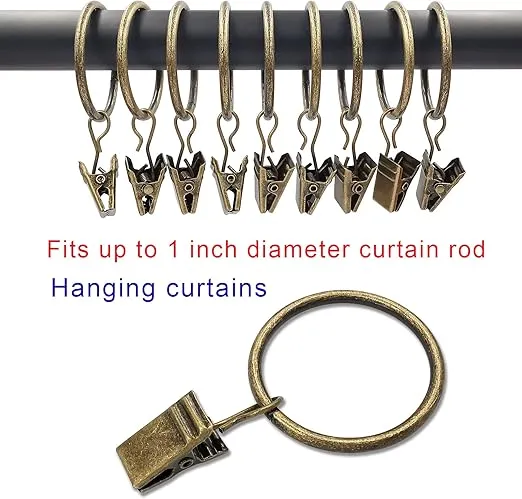 AMZSEVEN 40 Pack Curtain Rings with Clips, Drapery Clips with Rings, Drapes Rings 1.26 in Interior Diameter, Fits up to 1 in Curtain Rod, Bronze