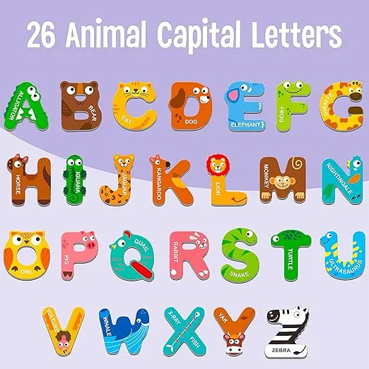 Large Size Magnetic Letters, Cute Animal Alphabet ABC Magnets for Fridge Colorful Uppercase Animals Toys Set Educational Spelling Learning Games for Kids, Toddlers 3 4 5 Years Old