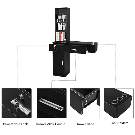 OmySalon Wall Mount Barber Stations, Salon Stations for Hair Stylist, Hair Styling Equipement Set with a Storage Cabinet, 2 Drawers and a 3 Tier Shelf (Black)