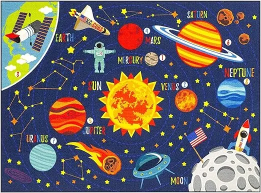 KC Cubs Outer Space Solar System Road Play Educational Learning & Fun Game Boy & Girl Kids Rug Carpet for Children Bedroom, Toddler Classroom and Baby Playroom Floor Mat, Playtime Adventure Activity