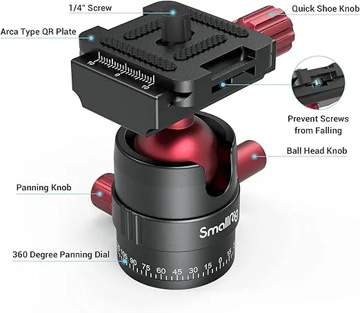 SmallRig Tripod Ball Head 360 Degree Rotating Panoramic Ballhead with 1/4 inch Quick Shoe Plate, Max Load up to 5 kg/ 11lb, for Tripod Monopod Slider DSLR Camera Camcorder - 3034