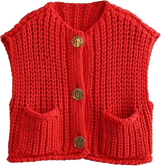 KEOMUD Women Sleeveless Cropped Knit Cardigan Vest Casual Winter Warm Button Down Chunky Sweater Vest Tops with Pockets