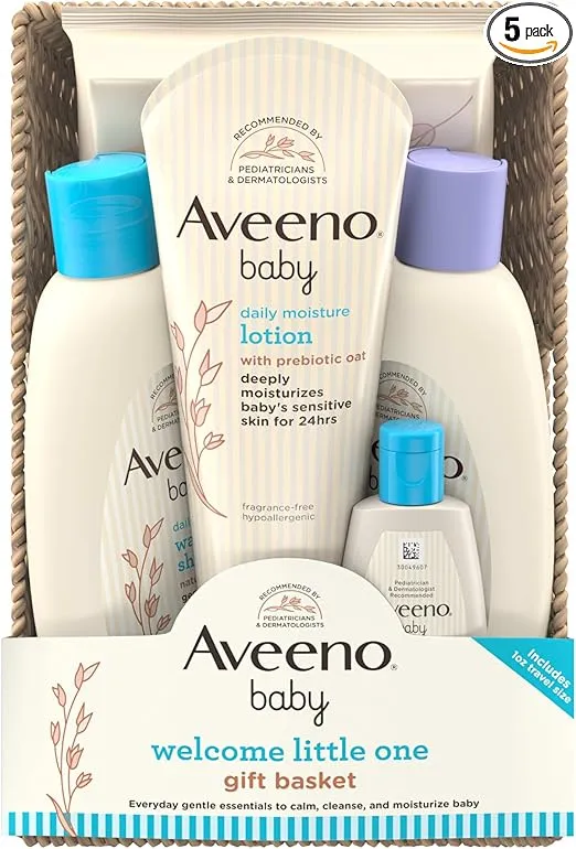 Aveeno Baby Welcome Little One Gift Basket, Baby Skincare Set with Nourishing Baby Body Wash & Shampoo, Calming Bath Wash, All Over Baby Wipes, & Daily Moisturizing Lotion, 5 Items