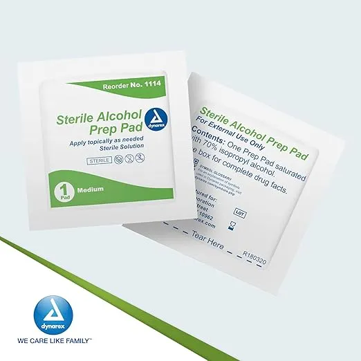 Dynarex Alcohol Prep Pads, Medical-Grade and Non-Woven Prep Pads, Saturated with 70% Isopropyl Alcohol, Rapid-Acting Antiseptic Wipes, 1-Ply, Medium, 1 Box of 100 Alcohol Prep Pads