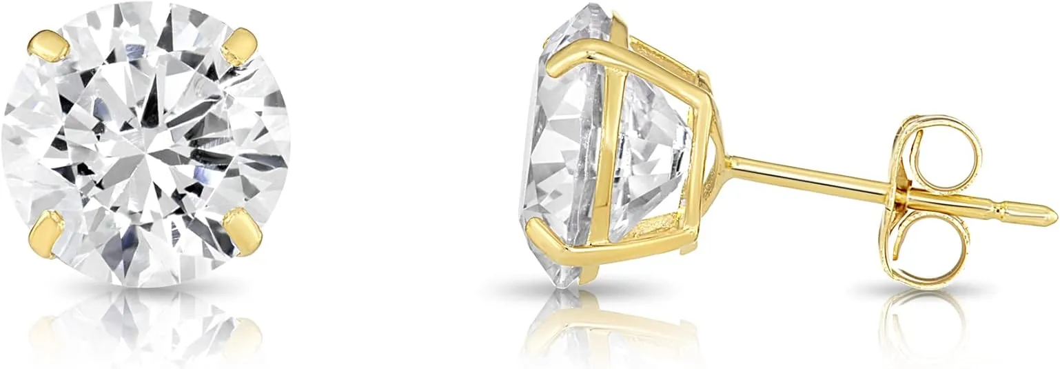14k Yellow Gold Solitaire Round Cubic Zirconia CZ Stud Earrings with Gold butterfly Pushbacks