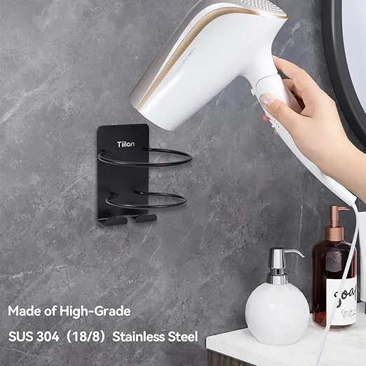 Hair Dryer Holder Wall Mount Self Adhesive, SUS 304 Stainless Steel Bathroom Hair Blow Dryer Rack Organizer, Black