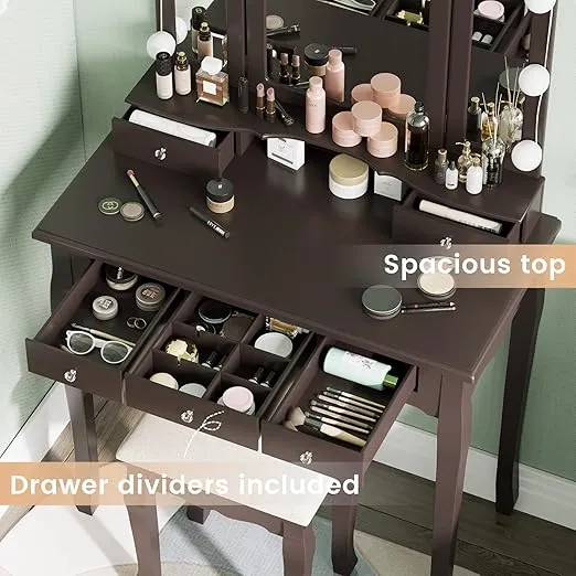 Tiptiper Vanity Desk, Makeup Vanity Set with Lighted Mirror and Stool, Dressing Table with 5 Drawers, 3 Light Settings & Adjustable Brightness, Espresso