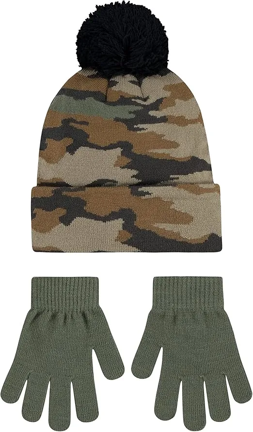 Hurley Kids' One and Only Beanie and Glove Set, Green Camo, 8/20