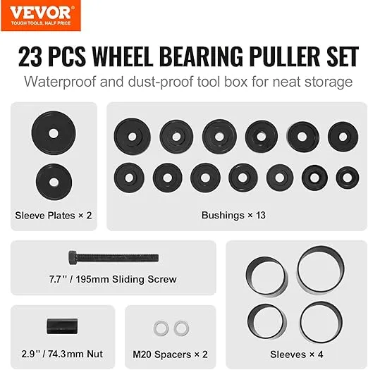 VEVOR Wheel Bearing Press Kit, 23 pcs FWD Bearing Puller Tools, for Front Wheel Drive Bearing Removal and Installation, Wheel Bearing Tool with Sliding Screws, Bushings, Sleeve Plates, Storage Case