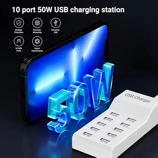 USB Charging Station 50w10A 10-Port USB Charger, Multiport USB Charger Station Hub, Compatible with iPhone, Galaxy, iPad Tablet, and Other USB Charging Devices, White, YC-A10