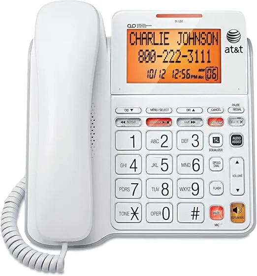 AT&T CL4940 Corded Answering System with Backlit Display, White, Display Dial, Mute, Last Number Redial, Flash, Clearspeak Dial-in-Base Speakerphone, Caller ID/Call Waiting, Audible Message Alert