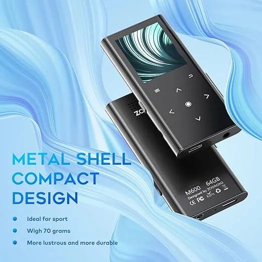 64GB MP3 Player, ZOOAOXO Music Player with Bluetooth 5.2, Built-in HD Speaker, FM Radio, Voice Recorder, Mini Design, Weigh 2.4 oz, HiFi Sound, Ideal for Sport, Earphones Included