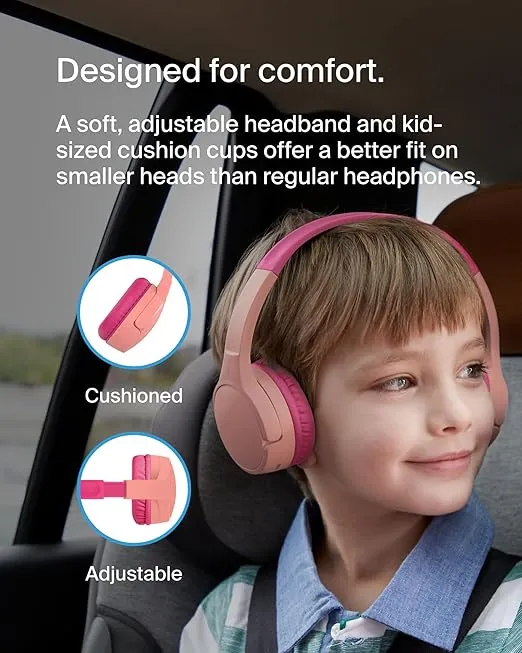 Belkin SoundForm Mini - Wireless Bluetooth Kids Headphones with 30H Battery Life, 85dB Safe Volume Limit, Built-in Microphone - Kids On-Ear Earphones for iPhone, iPad, Fire Tablet & More - Pink