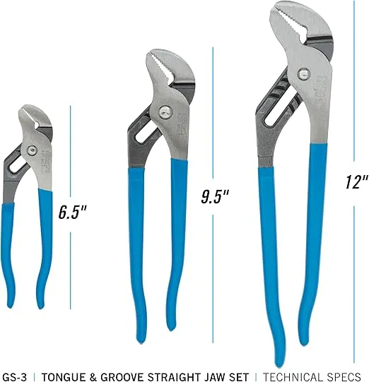 Channellock 3pc Straight Jaw Groove Joint Pliers Set - 12", 9.5", 6.5" | Laser Heat-Treated Teeth | High Carbon Steel | Made in USA