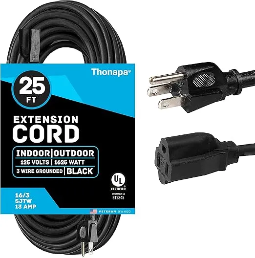 13 Amp Outdoor Extension Cord 25 ft, 16/3 SJTW 25 Foot Black Extension Cord 3 Prong, Weatherproof Exterior Power Cable for Outdoor Outdoor Lights & Lawn, UL Certified - US Veteran Owned