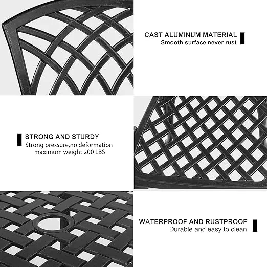Polar Aurora 3 Piece Patio Bistro Set Cast Aluminum Bistro Table Set Outdoor Round Dining Table with Umbrella Hole for Porch, Lawn, Garden, Backyard, Pool,Black