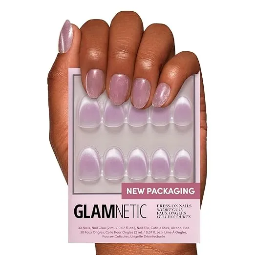 Glamnetic Press On Nails - Fairy Dust | Short Oval Beige-Pink Nails with a Mesmerizing Metallic Finish | 15 Sizes - 30 Nail Kit with Glue