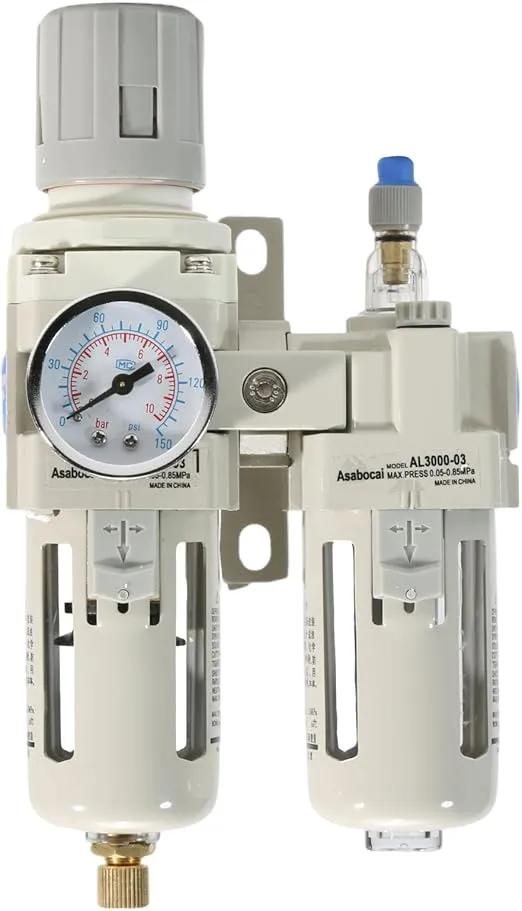 3/8" NPT Compressed Air Filter Regulator Lubricator Combo, Water/Oil Trap Separator with Pressure Gauge(0-150 PSI), 5 Micron Brass Element, Manual Drain, Metal Bracket,3 in 1 FRL