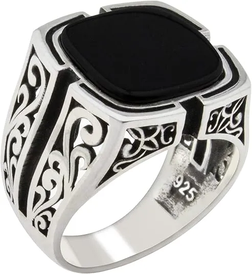 Solid 925 Sterling Silver Black Onyx Stone Turkish Handmade Luxury Men's Ring