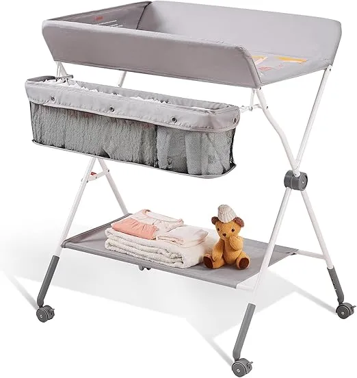 VEVOR Baby Changing Table, Folding Diaper Changing Station with Lockable Wheels, Portable Changing Table 3-Level Adjustable Heights, with Storage Basket & Hanging Racks for Newborns & Infant
