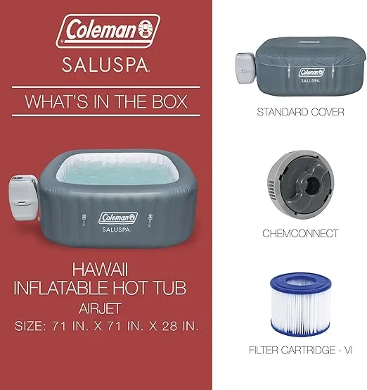 Coleman 4-6 Person Inflatable Outdoor Hot Tub w/ 114 Jets & Cover, SaluSpa Hawaiii, Gray