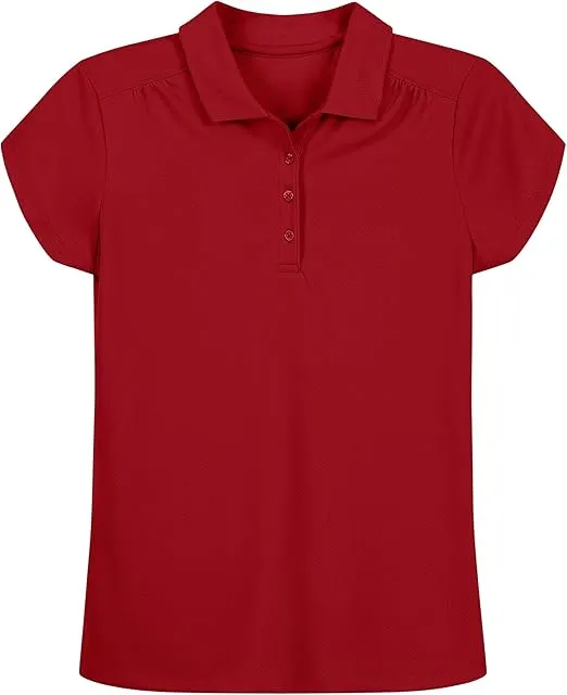 Nautica Girls' School Uniform Short Sleeve Polo Shirt, Button Closure, Moisture Wicking Performance Material, Shirring Detail