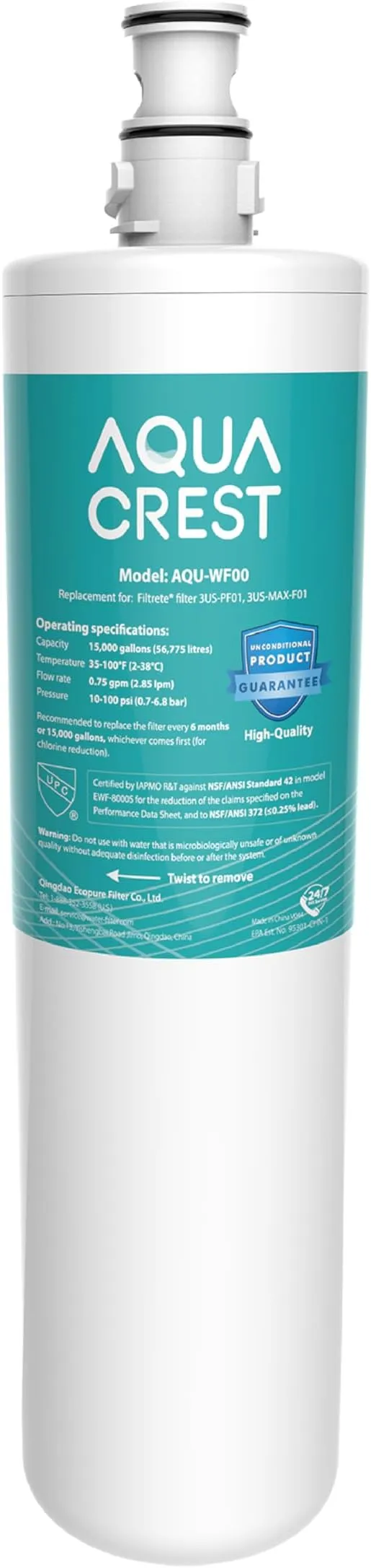 AQUA CREST 3US-PF01 Under Sink Water Filter, NSF/ANSI 42 Certified Replacement for Filtrete® 3US-PF01, 3US-MAX-F01H, Delta RP78702, Manitowoc K-00337, K-00338, HF20 HF25 HF27 Water Filter, No.AQU-WF00