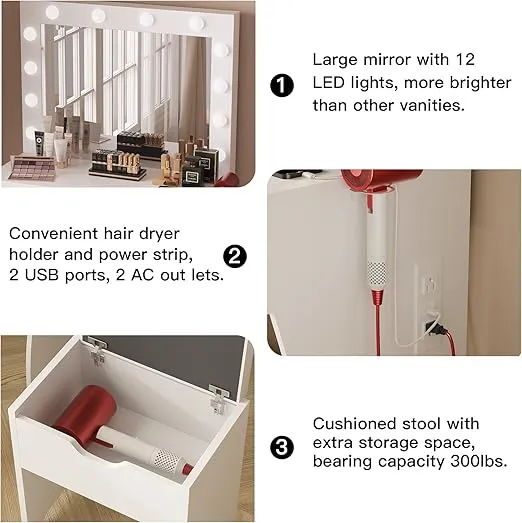 Makeup Vanity Desk with Mirror and 12 Lights 3 Color Modes, White Vanity Table for Bedroom with Charging Station, Vanity Set with Large Mirror and Storage Stool