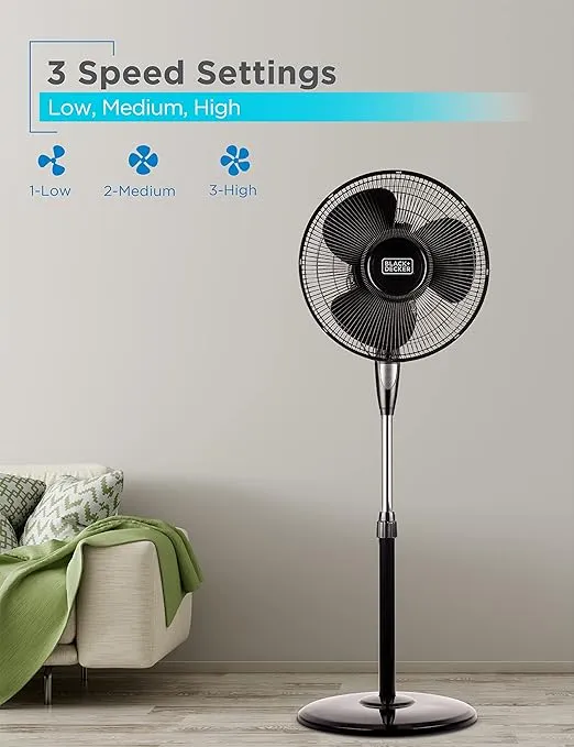 BLACK+DECKER 16 Inches Stand Fan with Pedestal Base, Height Adjustable Pedestal Fan with Remote and Touch Control Panel, Free Standing Fan with 90-Degree Oscillating and 3-Speed Settings, Black