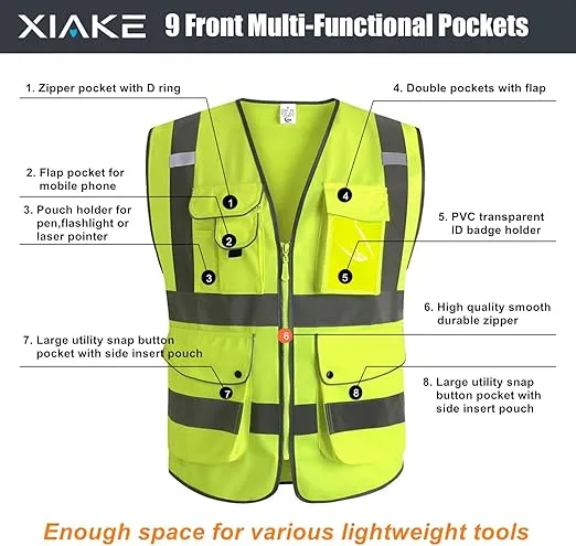 XIAKE 9 Pockets Class 2 High Visibility Reflective Safety Vest for Men Women Work Construction Vest
