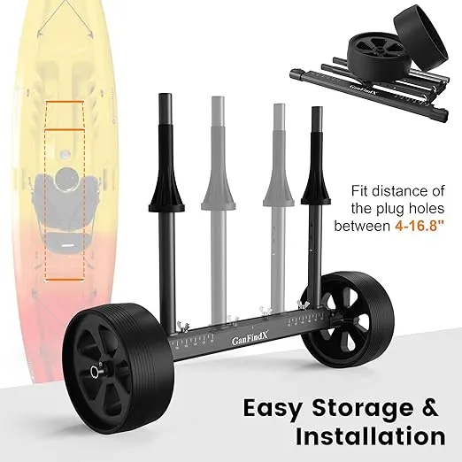 GanFindX Upgraded Quick-Detachable Sit-on-Top Kayak Cart Dolly with Flat-Free Wheels, Width & Height-Adjustable Kayak Wheels Cart, Suitable for Various Kayaks and Canoes with Plug Holes