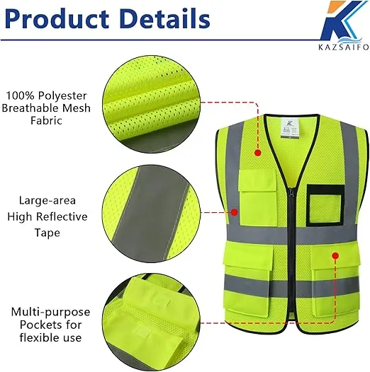 Reflective Safety Vest for Men Women with 8 Pockets and Zipper High Visibility Mesh Construction Work Vest Meets ANSI/ISEA Standards (KZ170-Yellow, 2XL)