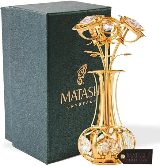 Matashi 24K Gold Plated Sunflowers in Vase Ornament with Stunning Gold Pink Crystals || Gift for Mom, Daughter, Grandma, Mother in Law, Treat Any Women with Stunning Flower Set