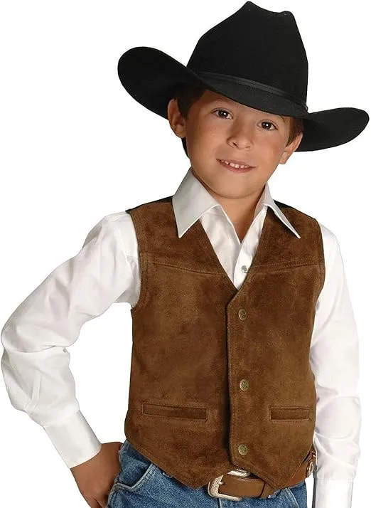 Roper Boys Brown Cow Suede Leather Solid Snap Button Classic Western Vest
