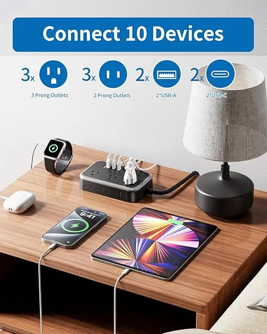 NTONPOWER 2 Prong Extension Cords 15 Ft, 2 Prong Power Strip with 2 USB C+ 2USB A, Flat Plug 2 Prong Surge Protector with 6 AC Outlets, 1875W/1080J 2 Prong to 3 Prong Outlet Adapter for Old House