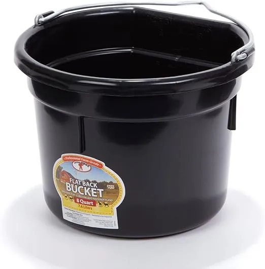 Little Giant Plastic Animal Feed Bucket (Black) Flat Back Plastic Feed Bucket with Metal Handle (8 Quarts / 2 Gallons) (Item No. P8FBBLACK)