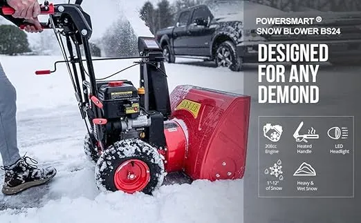PowerSmart 24-Inch Self-Propelled Gas Snow Blower, Powered by B&S 208cc Engine, Electric Start, 13-Inch Snow Tires, Handle Warmer, Two-Stage Snow Blowers with LED Lights