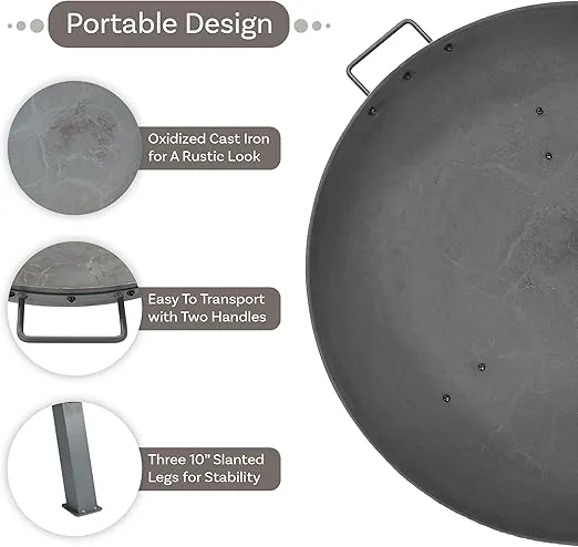 Sunnydaze 34-Inch Rustic Cast Iron Outdoor Raised Fire Pit Bowl with Handles - Steel Finish