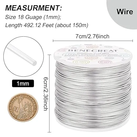 BENECREAT 18 Gauge 492FT Silver Aluminum Wire Anodized Jewelry Craft Making Beading Wire Floral Making Bendable Metal Wire for Jewelry, Sculpting Model Making
