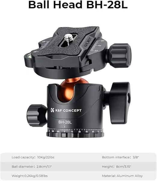 K&F Concept 64 inch/162cm Camera Tripod, Compact Aluminum Alloy Travel Tripods with 28mm Metal Ball Head 10KG/22lbs Load Capacity, Detachable Monopod, for SLR DSLR Digital Camera(B234A1+BH-28L)