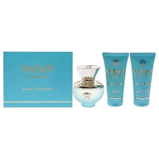Versace Dylan Turquoise 1.7oz EDT Spray, 1.7oz Perfumed Body Gel, 1.7oz Bath and Shower Gel Women 3 Pc Gift Set, Packaging May Vary