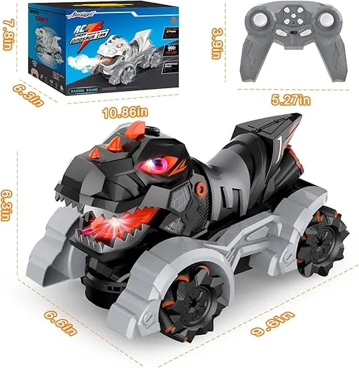 RC Cars Dinosaur Toys, 1:14 2.4 GHz Remote Control Car Monster Trucks With Light Music & Spray, 1200mAh Rechargeable RC Trucks Dinosaur Toys for Kids 5-7 8-12, Chrismas Gifts for Boys Kids (Black)