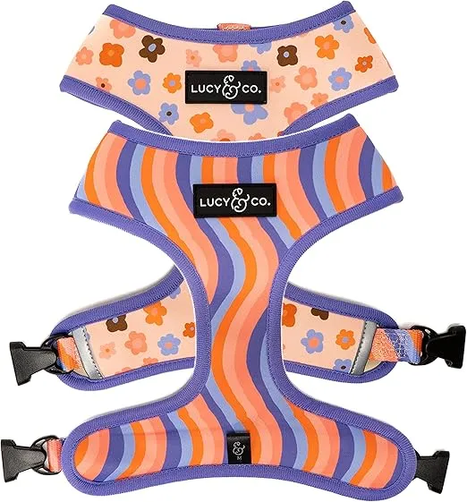 Lucy & Co. Purple with Coral Floral Wave, Cute Reversible Dog Harness Walking Halter - Best Designer Pet Harnesses for XS - XL Dogs - Padded Adjustable Vest for Easy Walking (X-Large)