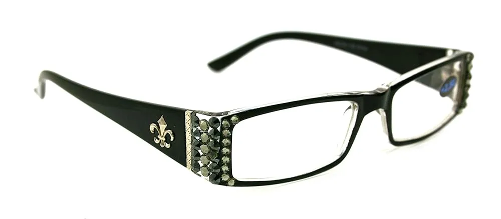 The French, Fleur De Lis, Rectangular Bling Women Reading Glasses Adorned with Black Diamond + Hematite Genuine European Crystals Black Frame. NY Fifth Avenue.