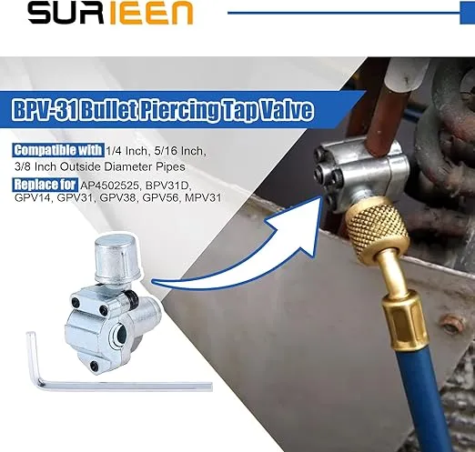 R134A AC Recharge Hose with Gauge and BPV31 Bullet Piercing Tap Valve Kit, 1/4" to 1/4" Adapter with valve core, R134a Can Tap, 1/4’’ SAE Hose for R12 R22 Port, for Air Conditioning Refrigerant System